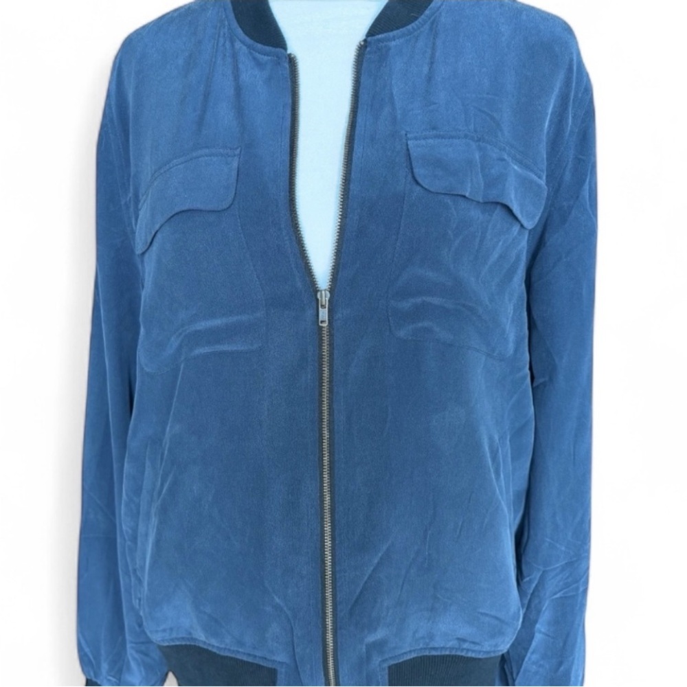 Equipment Femme Blue Silk Bomber Jacket | Size Small | Fall/Winter 2014–Resort 2 - Picture 3 of 8